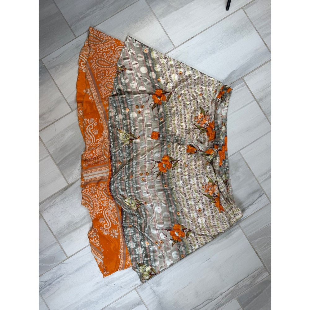 Darn Good Yarn Sari Silk Wrap Skirt Orange Green Floral Mini Goddess 22-26